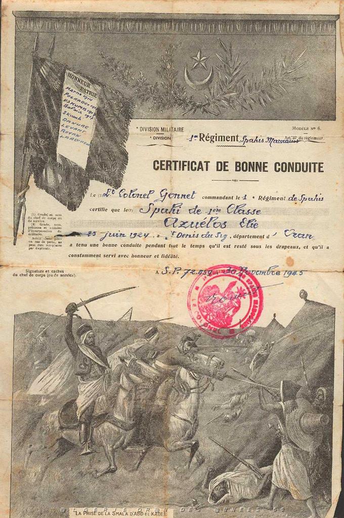 LES SPAHIS LE CERTIFICAT DE BONNE CONDUITE 1924.JPG